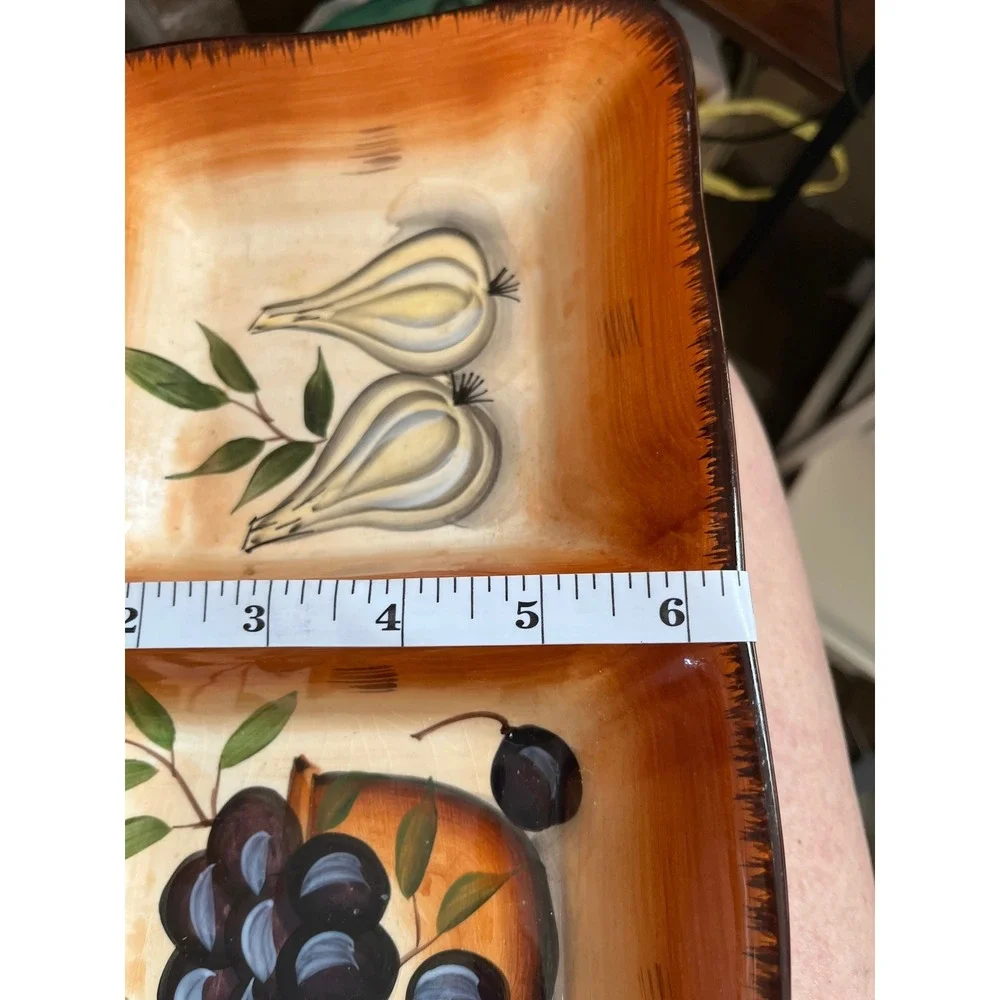 Pier 1 Earthenware Divided Serving Tray Olive Garlic Hand Painted Orange Platter